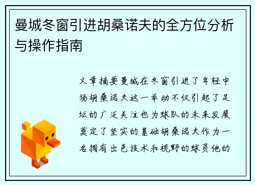 曼城冬窗引进胡桑诺夫的全方位分析与操作指南