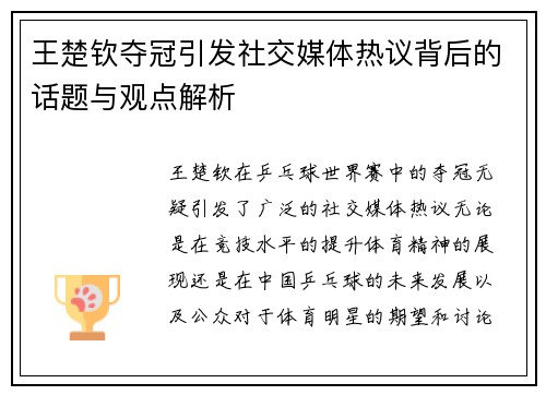王楚钦夺冠引发社交媒体热议背后的话题与观点解析