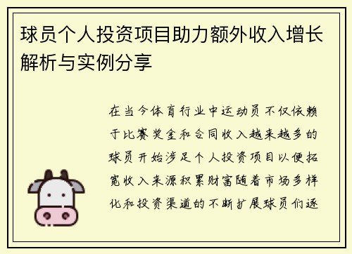 球员个人投资项目助力额外收入增长解析与实例分享 球员个人投资项目助力额外收入增长解析与实例分享