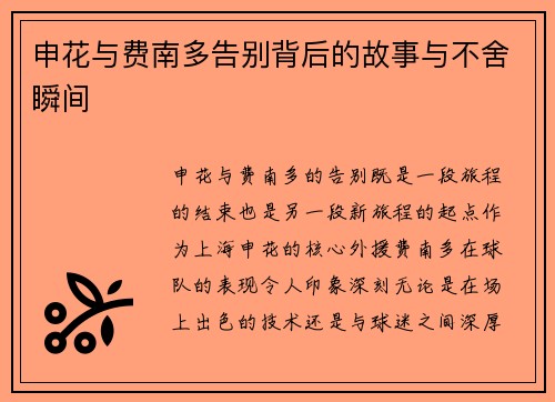 申花与费南多告别背后的故事与不舍瞬间