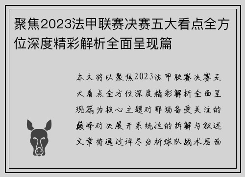 聚焦2023法甲联赛决赛五大看点全方位深度精彩解析全面呈现篇