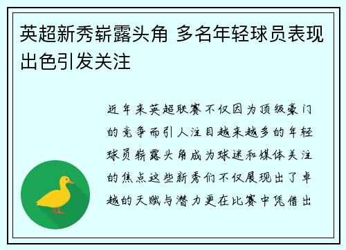 英超新秀崭露头角 多名年轻球员表现出色引发关注