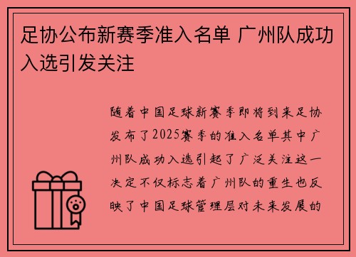 足协公布新赛季准入名单 广州队成功入选引发关注